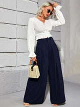 Calça Pantalona Larguinha Pregas Cintura Alta, PP, P, M, G, Azul Marinho