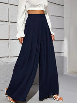 Calça Pantalona Larguinha Pregas Cintura Alta, PP, P, M, G, Azul Marinho