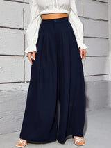 Calça Pantalona Larguinha Pregas Cintura Alta, PP, P, M, G, Azul Marinho