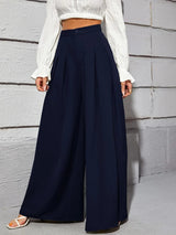 Calça Pantalona Larguinha Pregas Cintura Alta, PP, P, M, G, Azul Marinho