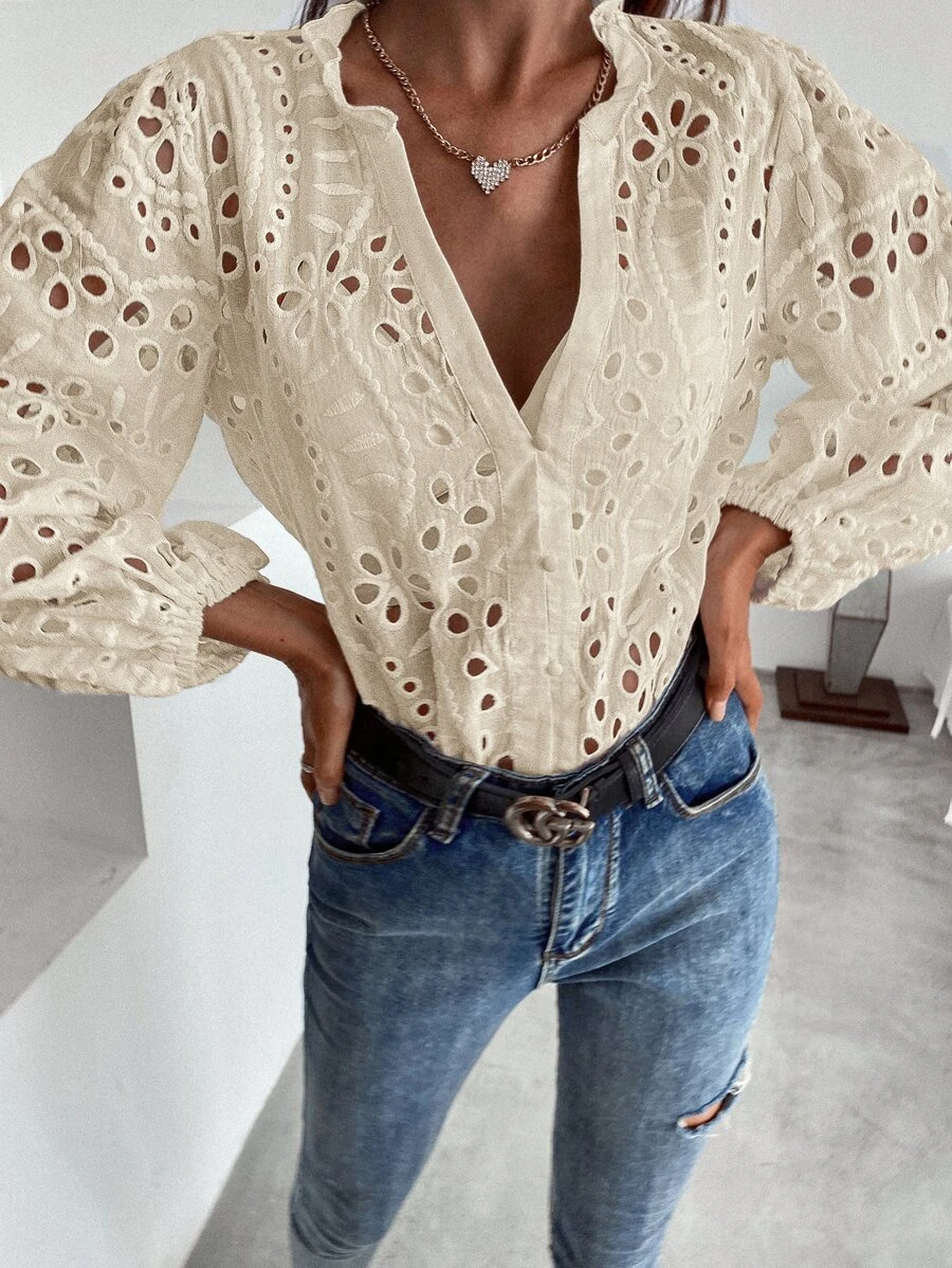 Camisa de Lese c/ Vazado Floral Manga Longa, P, M, G, GG, Creme