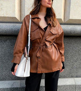casaco de couro feminino marrom sobretudo
