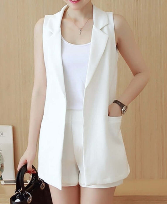 Colete feminino Alfaiataria Longo Branco com bolsos