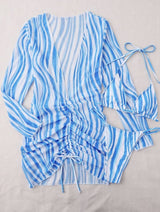 Conjunto Biquini + Saída de Praia Transparente Estampado, P, M, G, GG, Azul