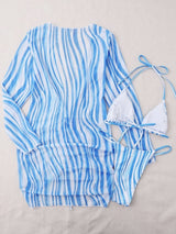 Conjunto Biquini + Saída de Praia Transparente Estampado, P, M, G, GG, Azul