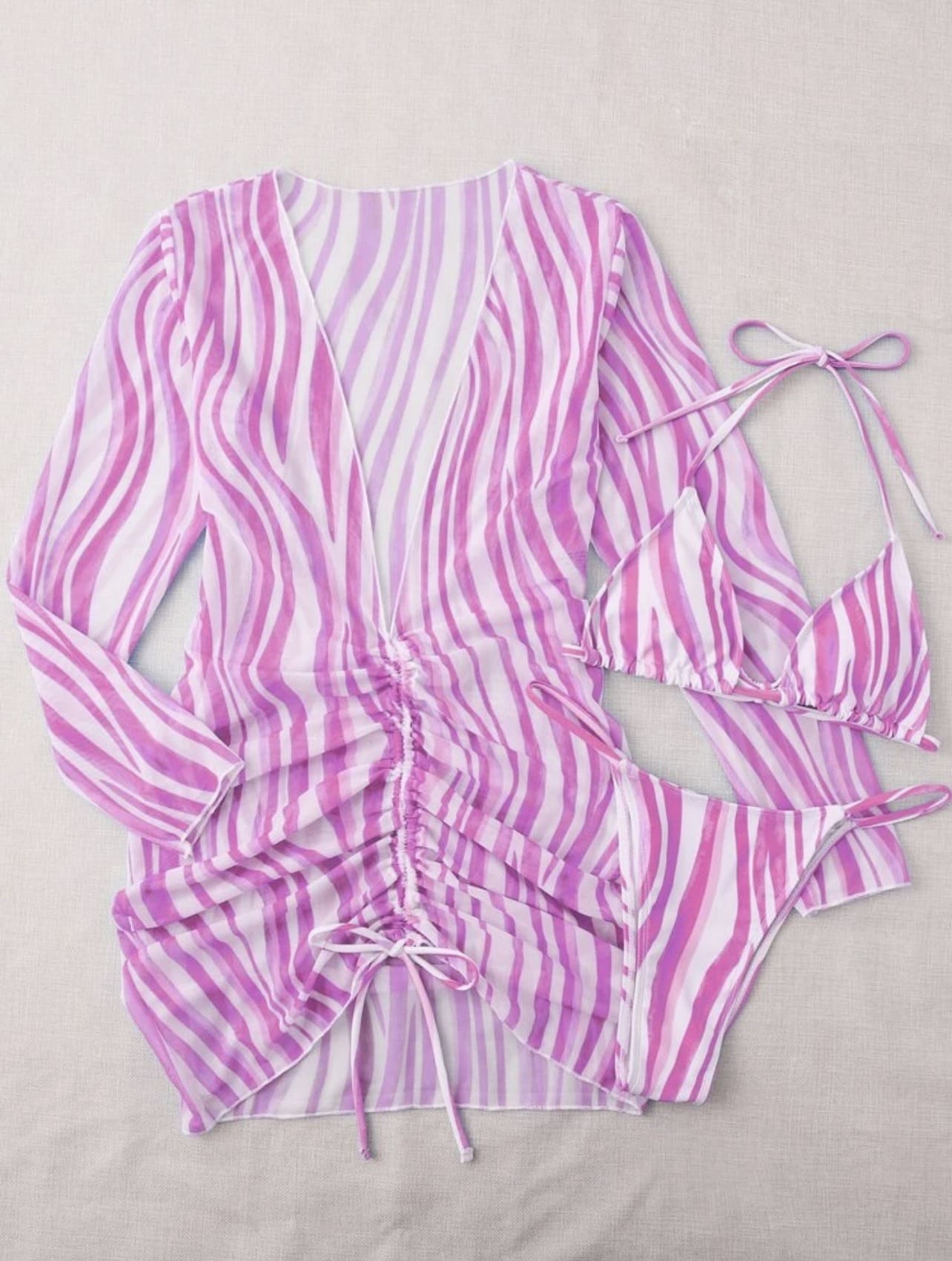 Conjunto Biquini + Saída de Praia Transparente Estampado, P, M, G, GG, Rosa