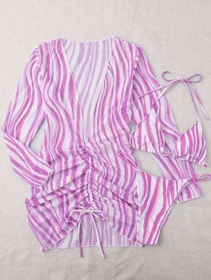 Conjunto Biquini + Saída de Praia Transparente Estampado, P, M, G, GG, Rosa