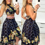 conjunto cropped com saia longa estampa preta floral fenda acinturado costas nuas amarração transpassado elegante verão praia preto azul amarelo rosa verde laranja