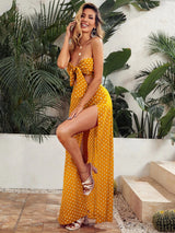 conjunto cropped com saia longo estampa poá tomara que caia sensual sexy verão festival fenda elegante acinturado estampado amarração leve amarelo