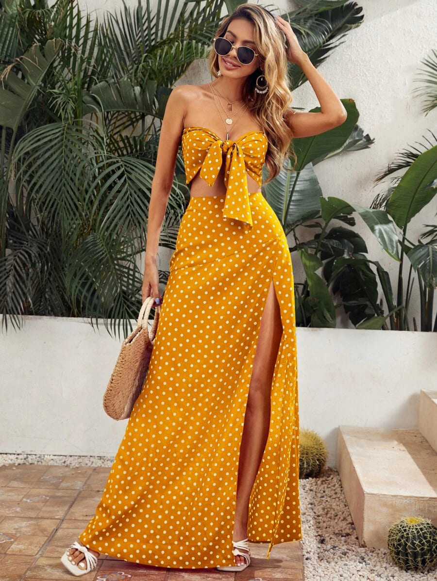 conjunto cropped com saia longo estampa poá tomara que caia sensual sexy verão festival fenda elegante acinturado estampado amarração leve amarelo