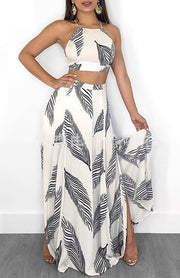 Conjunto Cropped Saia Longa Estampa Penas c/Fendas - Loja Style Me