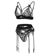 Conjunto Lingerie Renda Strappy Cinta-Liga preto