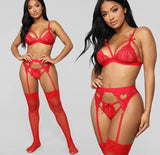 Conjunto Lingerie Renda Strappy Cinta-Liga vermelho