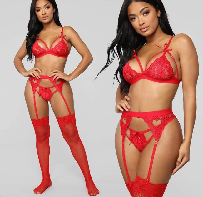 Conjunto Lingerie Renda Strappy Cinta-Liga vermelho