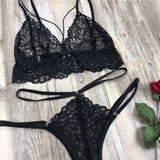 Conjunto Lingerie Strappy de Renda com tiras transparente sexy preto