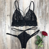 Conjunto Lingerie Strappy de Renda com tiras transparente sexy preto