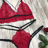 Conjunto Lingerie Strappy de Renda com tiras transparente sexy vermelho