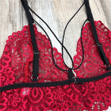 Conjunto Lingerie Strappy de Renda com tiras transparente sexy vermelho