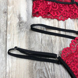 Conjunto Lingerie Strappy de Renda com tiras transparente sexy vermelho