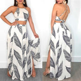 Conjunto Cropped Saia Longa Estampa Penas c/Fendas