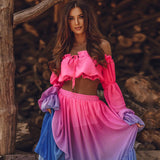 Conjunto Cropped com Saia Longa Degradê MANGA LONGA rosa