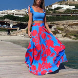 conjuntos cropped com saia longa estampados de verão sensual sexy festa festival club praia elegante acinturado pregueado babados estampado soltinho leve azul rosa top azul