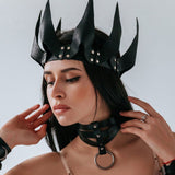 Coroa de Couro Fantasia Carnaval, Coroa e Gargantilha Pretas acessório feminino BDSM