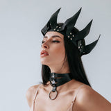 Coroa de Couro Fantasia Carnaval, Coroa e Gargantilha Pretas acessório feminino BDSM fetiche vikings mulher fatal