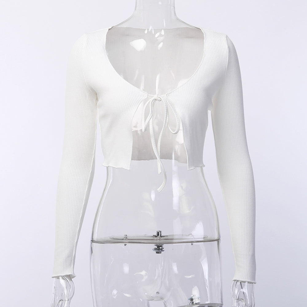 Cropped Cardigã Tricot branco de Amarrar Manga Longa