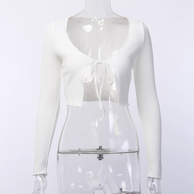 Cropped Cardigã Tricot branco de Amarrar Manga Longa
