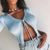 Cropped Cardigã Tricot azul claro de Amarrar Manga Longa
