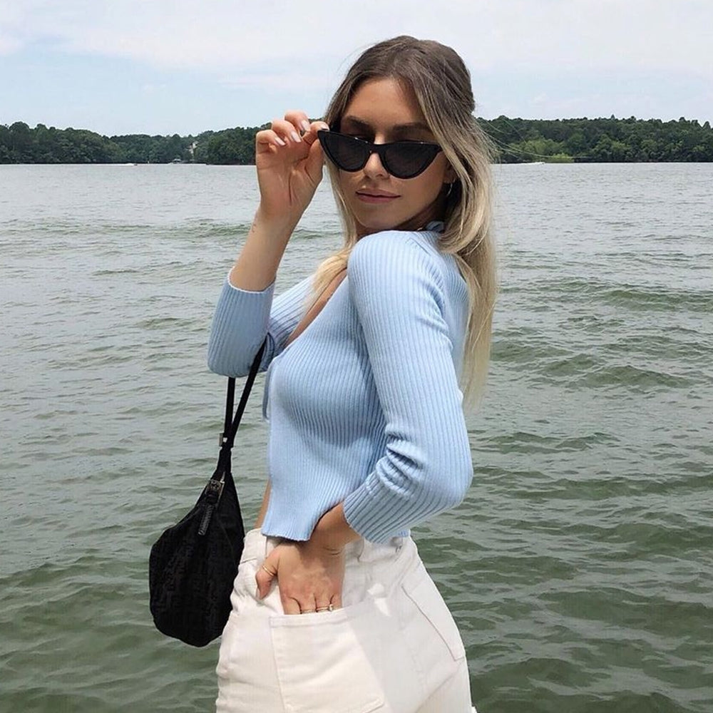 Cropped Cardigã Tricot de Amarrar Manga Longa azul claro