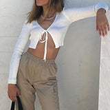 Cropped Cardigã Tricot de Amarrar Manga Longa
