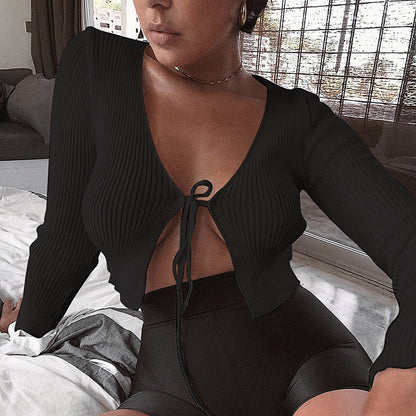 Cropped Cardigã Tricot de Amarrar Manga Longa