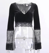 Cropped preto Gótico de Veludo c/ Renda