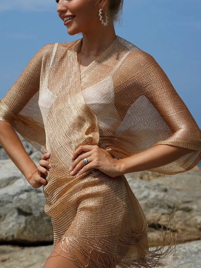 Kimono de Lurex c/ Brilho e Franja | Saída de Praia, Dourado