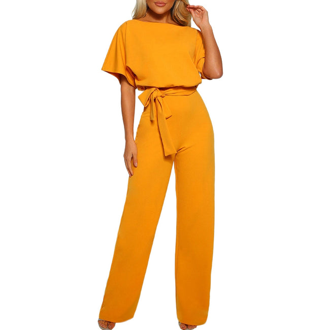 Macacão feminino amarelo manga curta faixa 