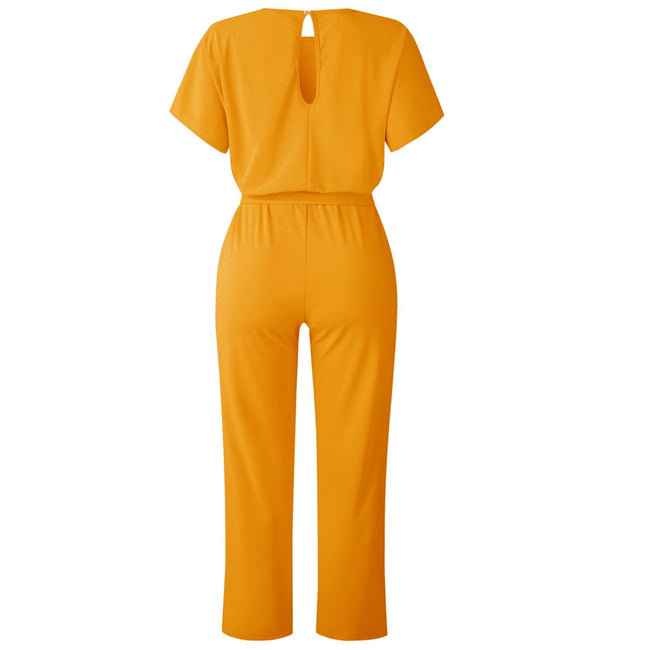 Macacão feminino amarelo manga curta faixa 