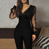 macacão manga de tule transparente preto com lurex paetes 