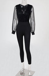 macacão manga de tule transparente preto com lurex paetes 