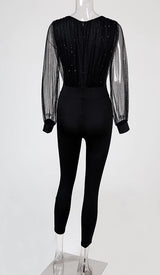 macacão manga de tule transparente preto com lurex paetes 