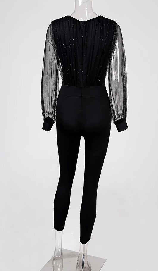 macacão manga de tule transparente preto com lurex paetes 