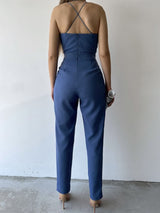 macacão decote de tule transparente alcinha sensual sexy verão elegante festa longo acinturado pregueado costas nuas azul