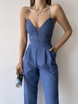macacão decote de tule transparente alcinha sensual sexy verão elegante festa longo acinturado pregueado costas nuas azul