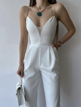 macacão decote de tule transparente alcinha sensual sexy verão elegante festa longo acinturado pregueado costas nuas branco