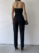 macacão decote de tule transparente alcinha sensual sexy verão elegante festa longo acinturado pregueado costas nuas preto