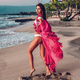 Saída de Praia Longa Rosa Pink Poá Estampada Kimono