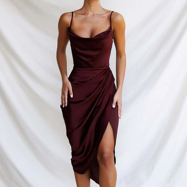 Vestido de Festa Midi Cetim Fenda Alcinha