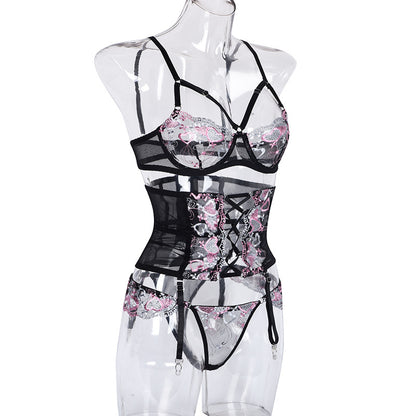 Conjunto Lingerie Sexy de Renda c/Cinta-Liga e Corselete