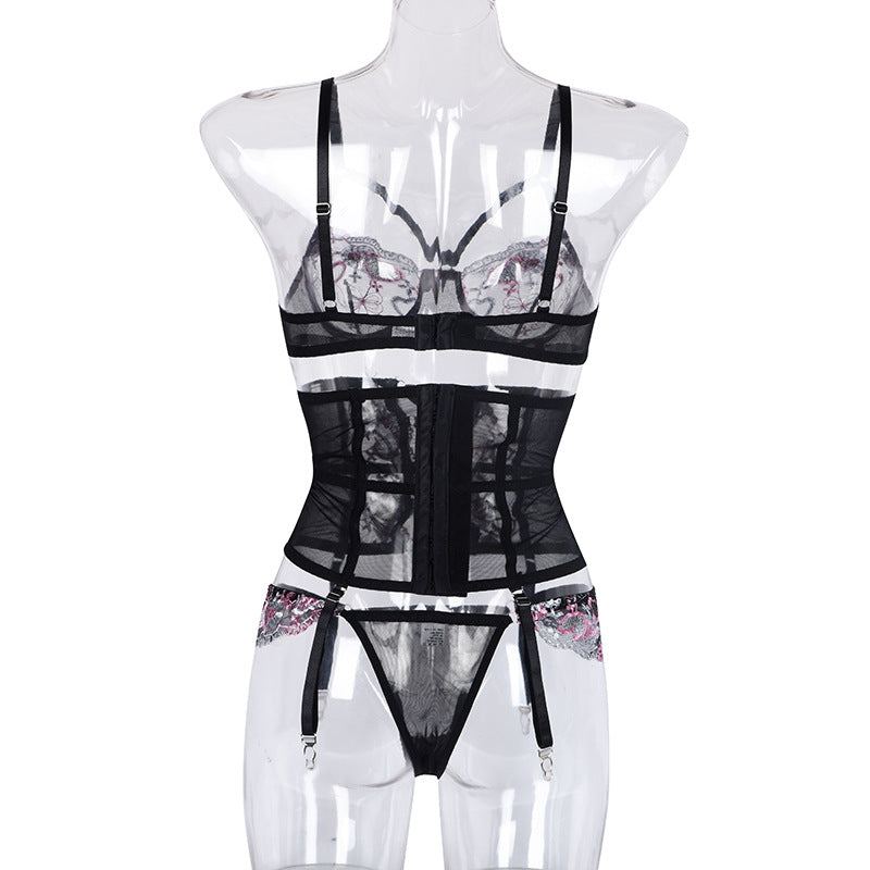 Conjunto Lingerie Sexy de Renda c/Cinta-Liga e Corselete